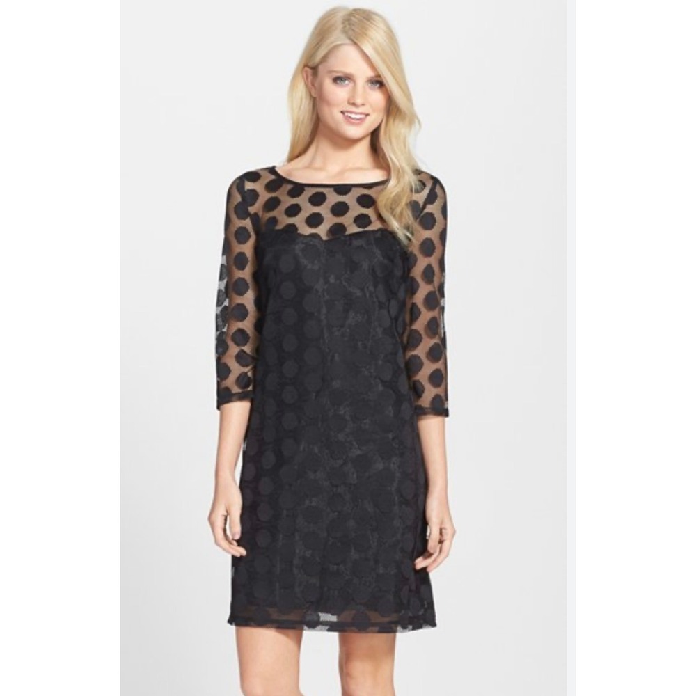 Betsey Johnson‎ Dress Size 4 Black Polka Dot Sheer Mesh Overlay Party Dress 🖤